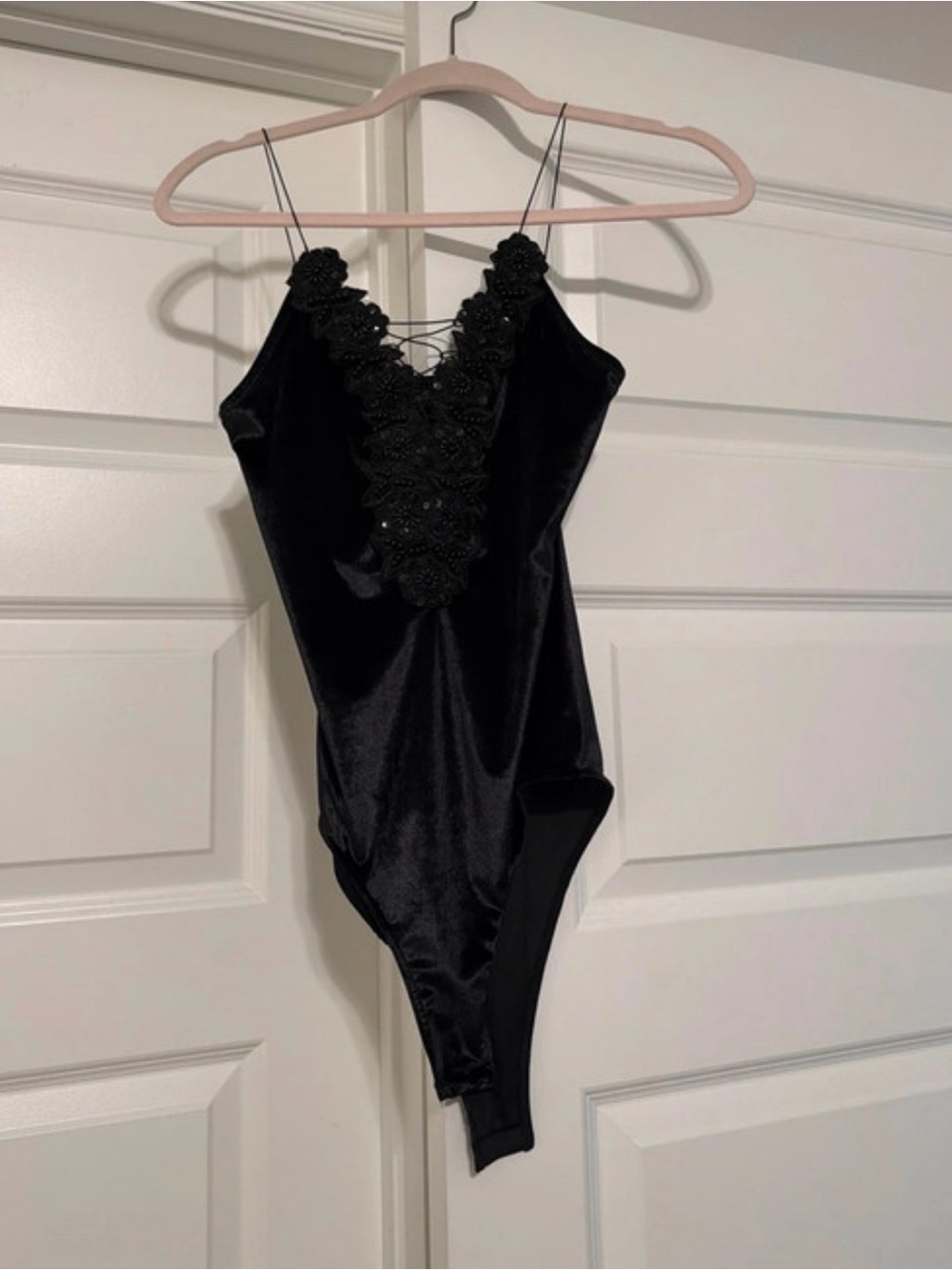 Topshop Black Velvet Floral Applique Lace-Front Bodysuit